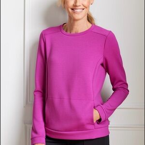 T by Talbots Pleated Back Modern Scuba Pullover Athleisure Sweater Magenta MP